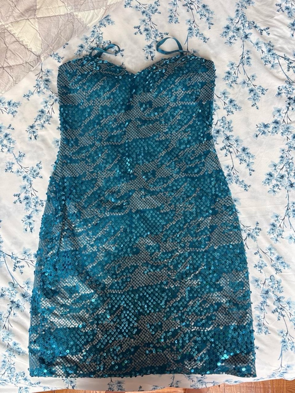As U Wish Teal Sequin Strapless Sweetheart Dress